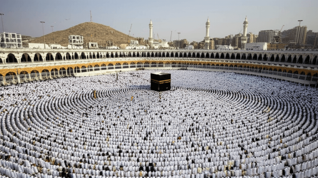 Pilgrims gathered at Mount Arafat during Hajj